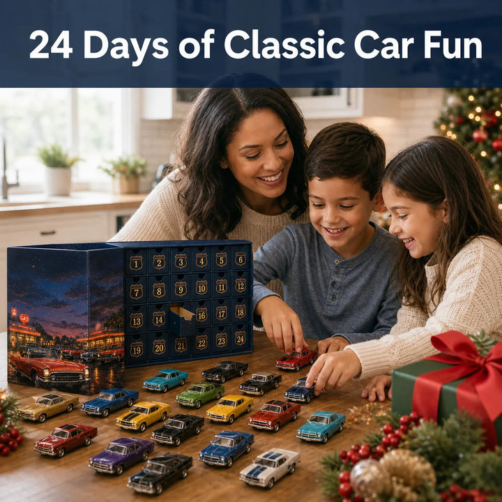🚗 Calendrier de l’Avent Voitures Américaines Classiques – 24 Miniatures Vintage 🎄