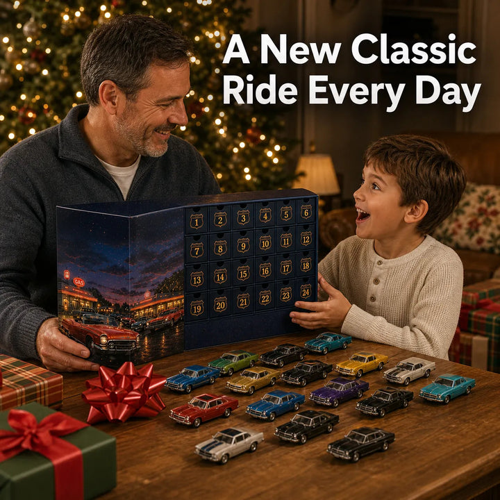 🚗 Calendrier de l’Avent Voitures Américaines Classiques – 24 Miniatures Vintage 🎄
