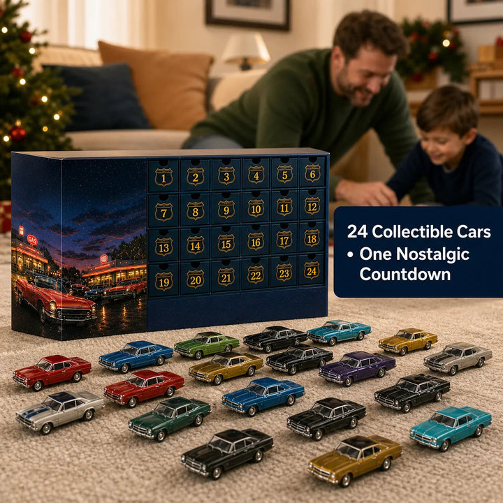 🚗 Calendrier de l’Avent Voitures Américaines Classiques – 24 Miniatures Vintage 🎄