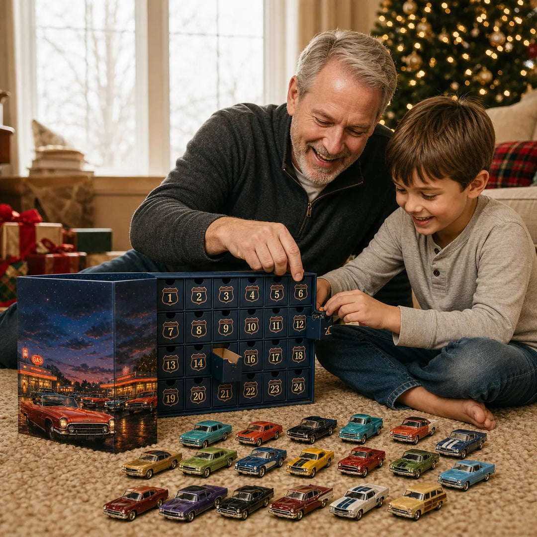 🚗 Calendrier de l’Avent Voitures Américaines Classiques – 24 Miniatures Vintage 🎄