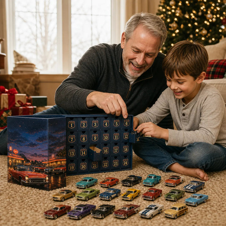 🚗 Calendrier de l’Avent Voitures Américaines Classiques – 24 Miniatures Vintage 🎄