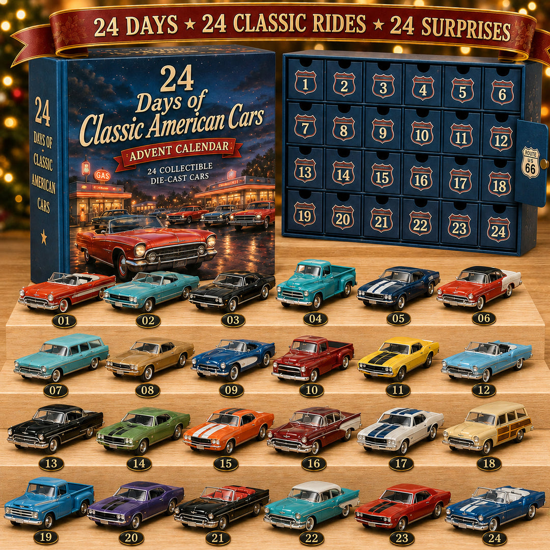🚗 Calendrier de l’Avent Voitures Américaines Classiques – 24 Miniatures Vintage 🎄
